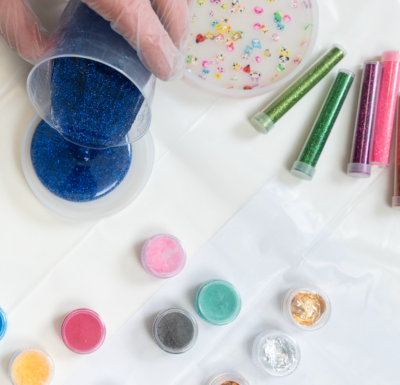 Creation Kit fully loaded with glitters mica powders and laid out