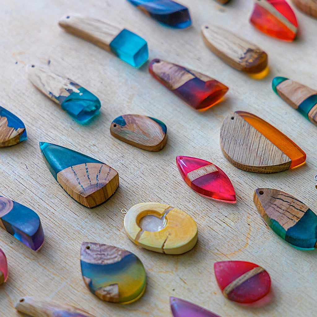 Colored epoxy and wood pendants