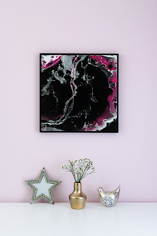 Framed epoxy art painting magenta silver pink