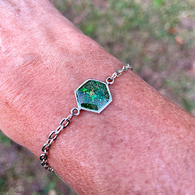green hexagon metal charm bracelet