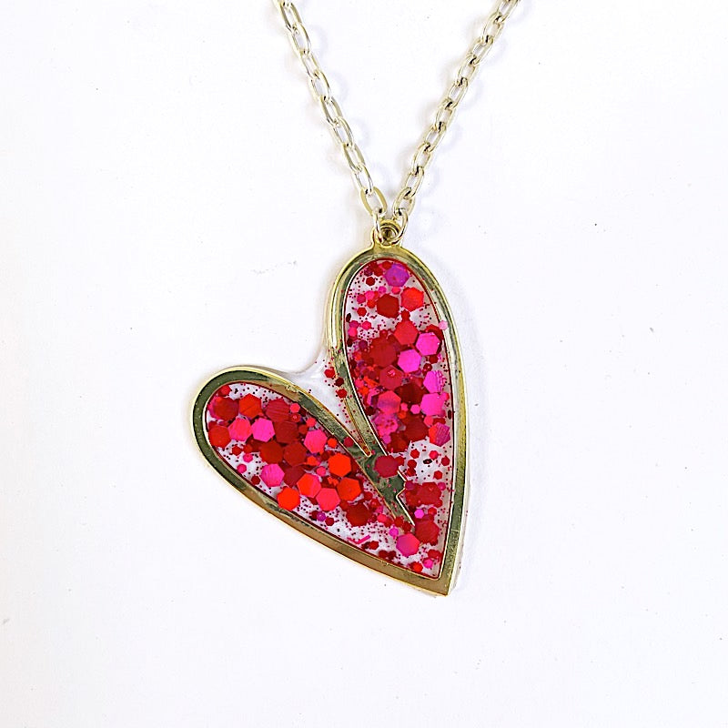 Gold Glitter Heart Locket Pendant Necklace