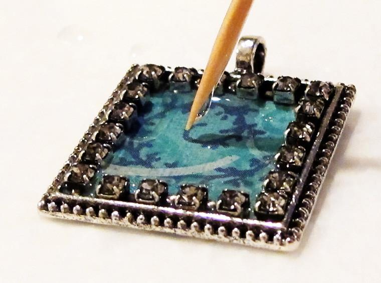 Adding resin to a square antique silver jewelry bezel cup